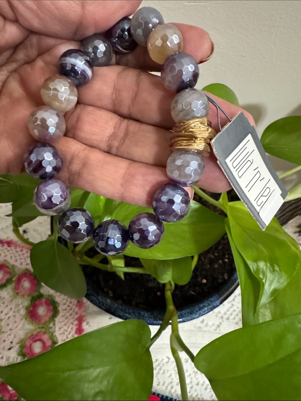 Lula N Lee Faceted Purple Agate Stretch Bracelet with Gold Accent New